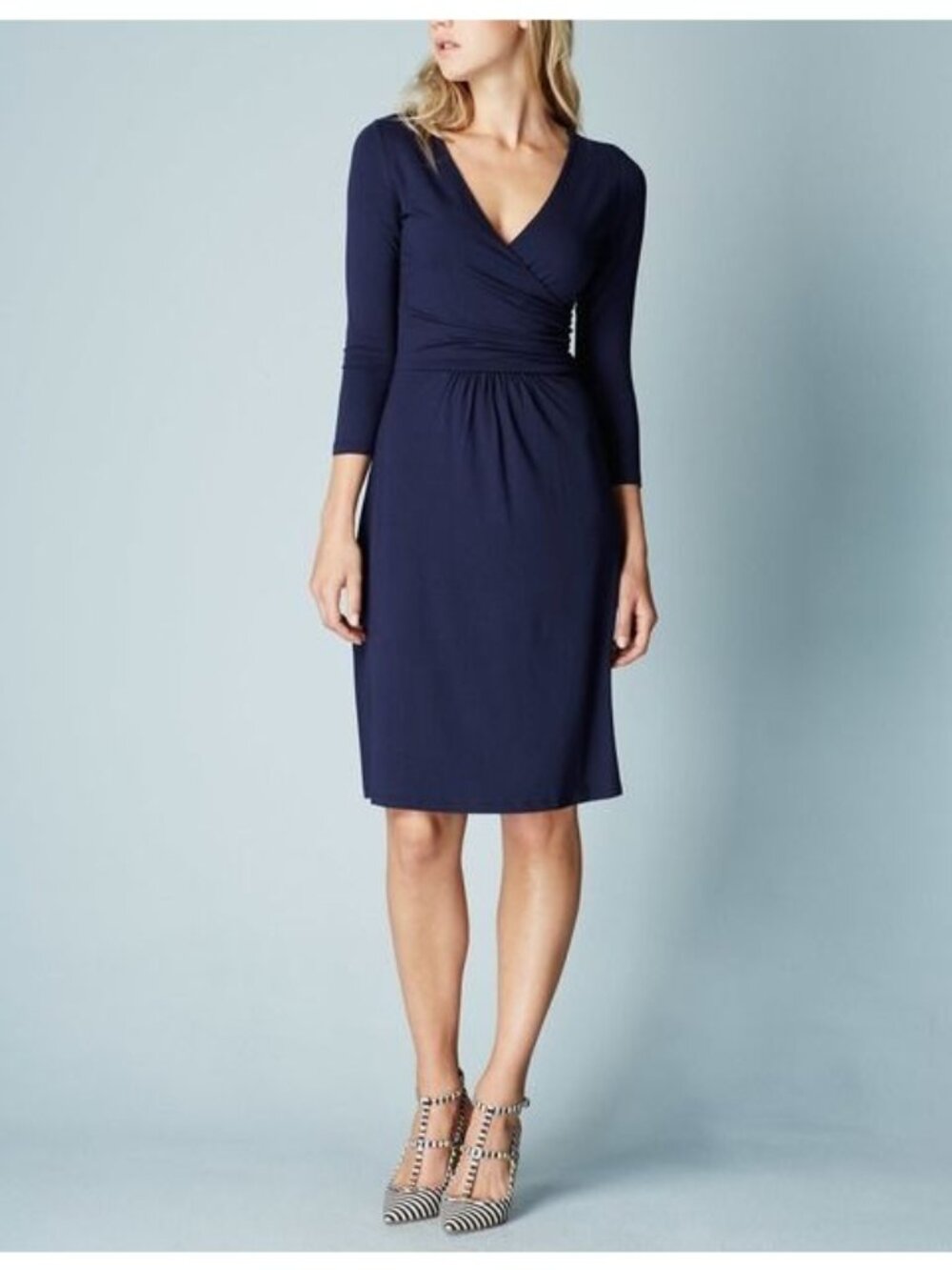 Boden Size 6R Navy Blue 3/4 Sleeve Fixed Wrap V-Neck Jersey Dress